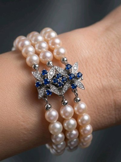 Armreif 585 Gold mit Perlen, Saphir & Diamant